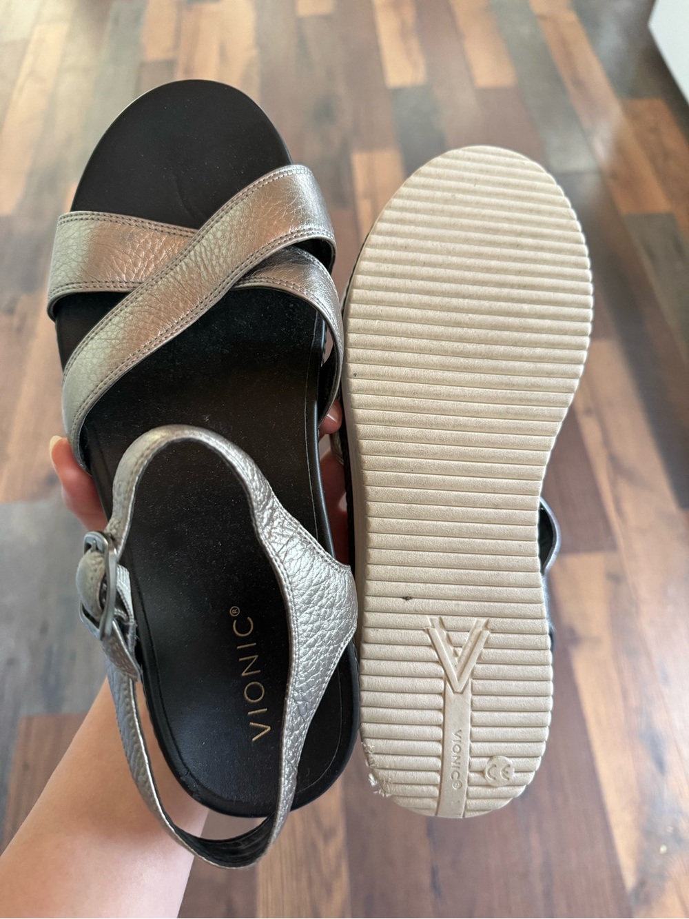 Vionic Metallic Silver Cross-Strap Sandals